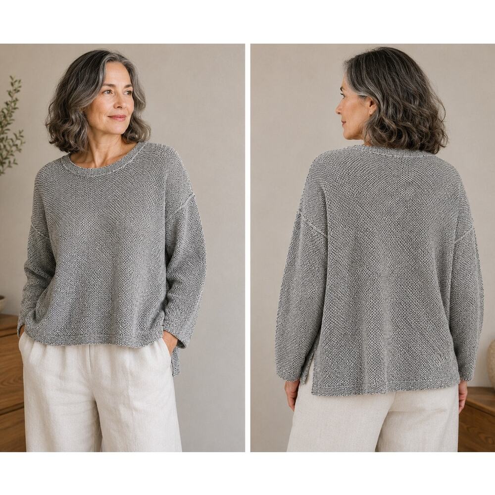 Eileen Fisher Organic Cotton Gray Cream Textured Boxy Sweater S